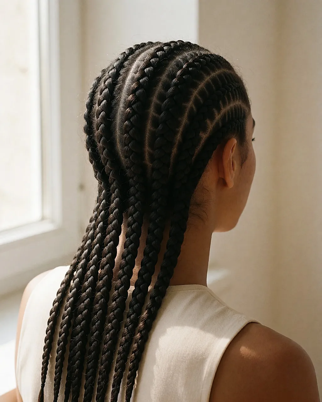 Nahaufnahme von hinten: feine, eng anliegende Cornrows, die parallele Linien auf der Kopfhaut ziehen