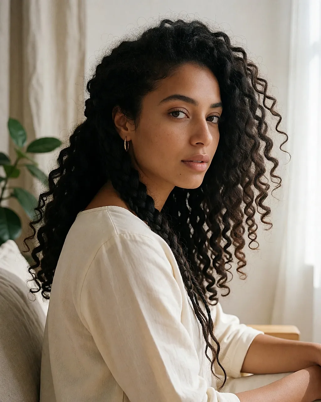 Junge Frau mit voluminösen Locken und lockerem Boho-Zopf, Dreiviertelansicht von hinten