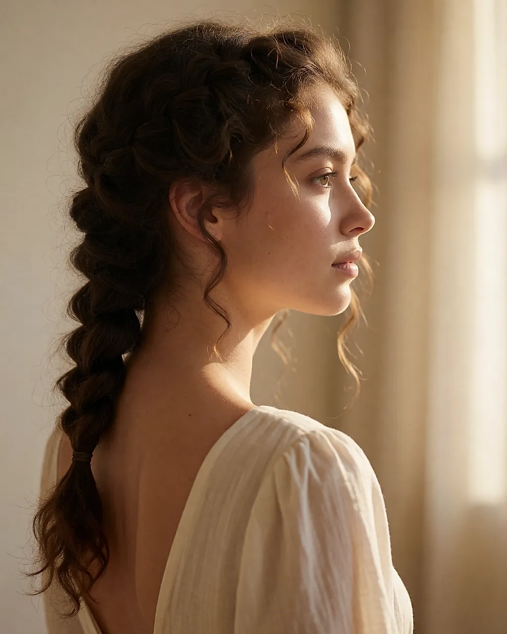 Romantischer, voluminöser Zopf mit freien Locken ums Gesicht