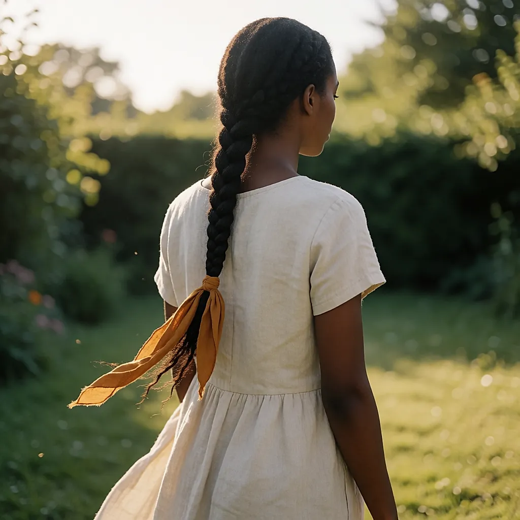 Dos d’une femme portant une longue tresse serrée nouée par un ruban de tissu