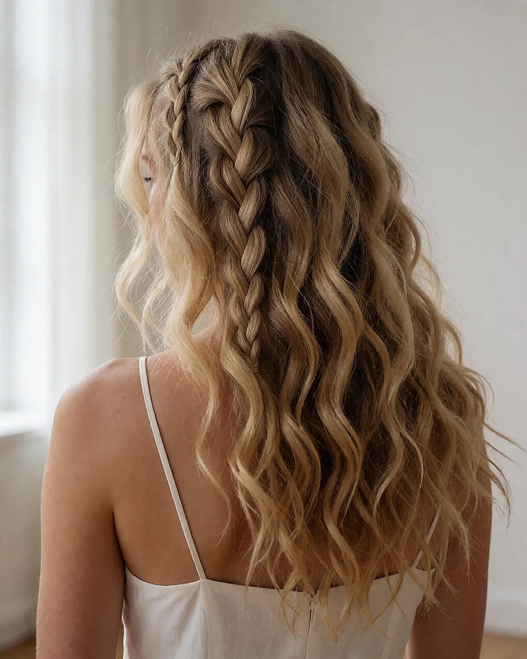 Feine Zöpfe, in voluminöse blonde Wellen eingestreut