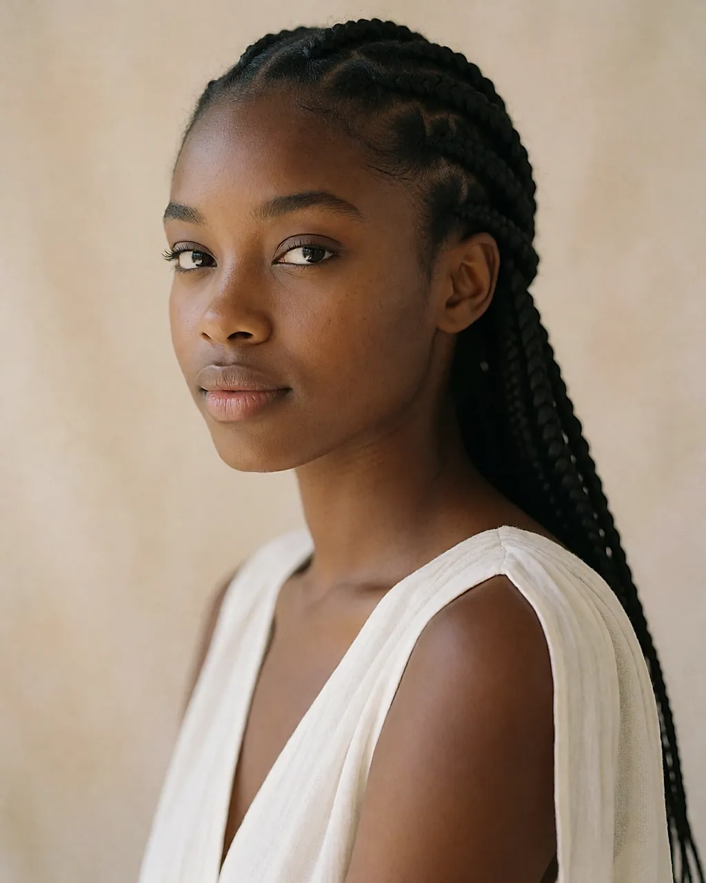 Am Kopf entlang geflochtene Cornrows, die ein Muster auf der Kopfhaut bilden