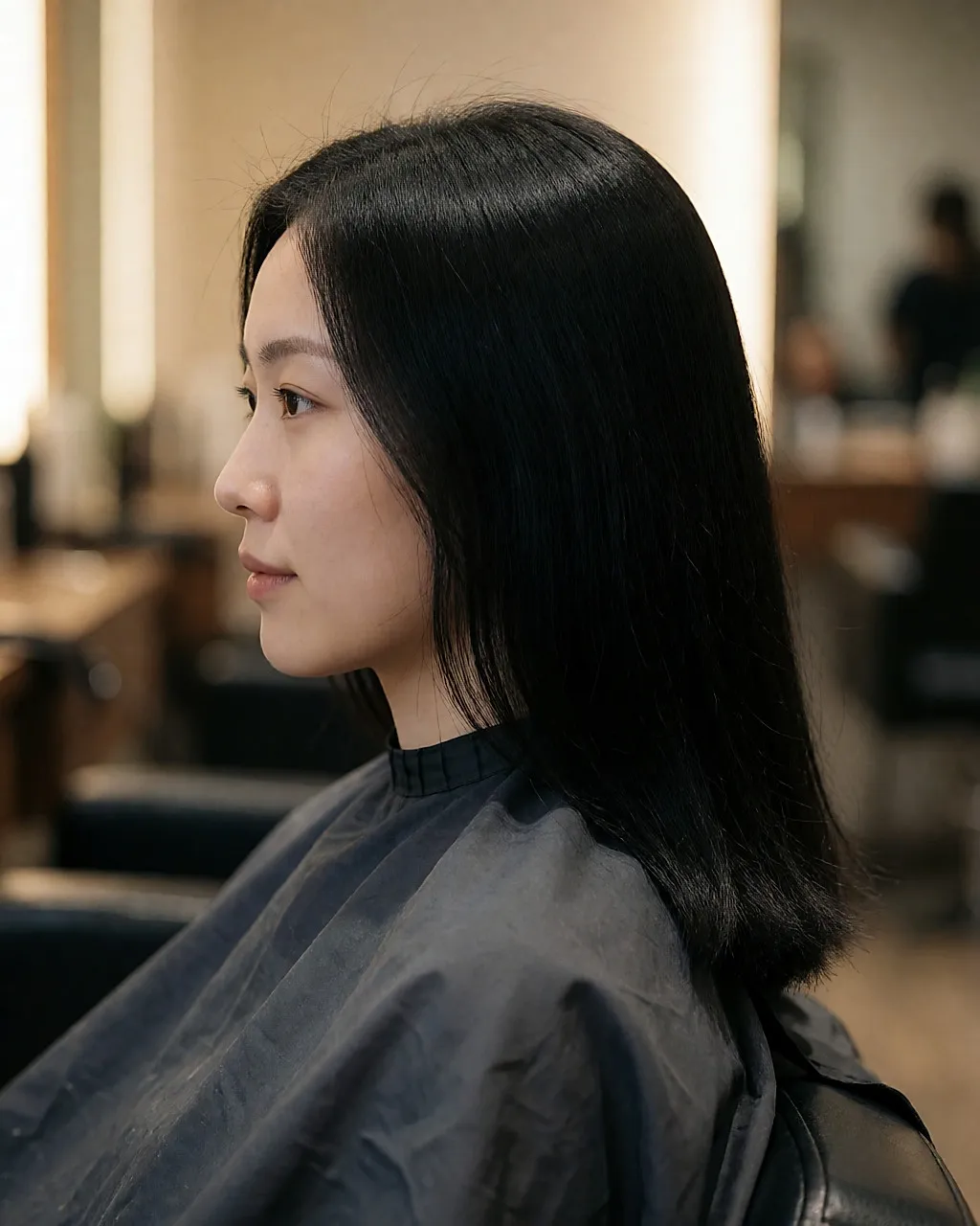 Mujer asiática de perfil, cabello negro brillante tras una matización en el salón