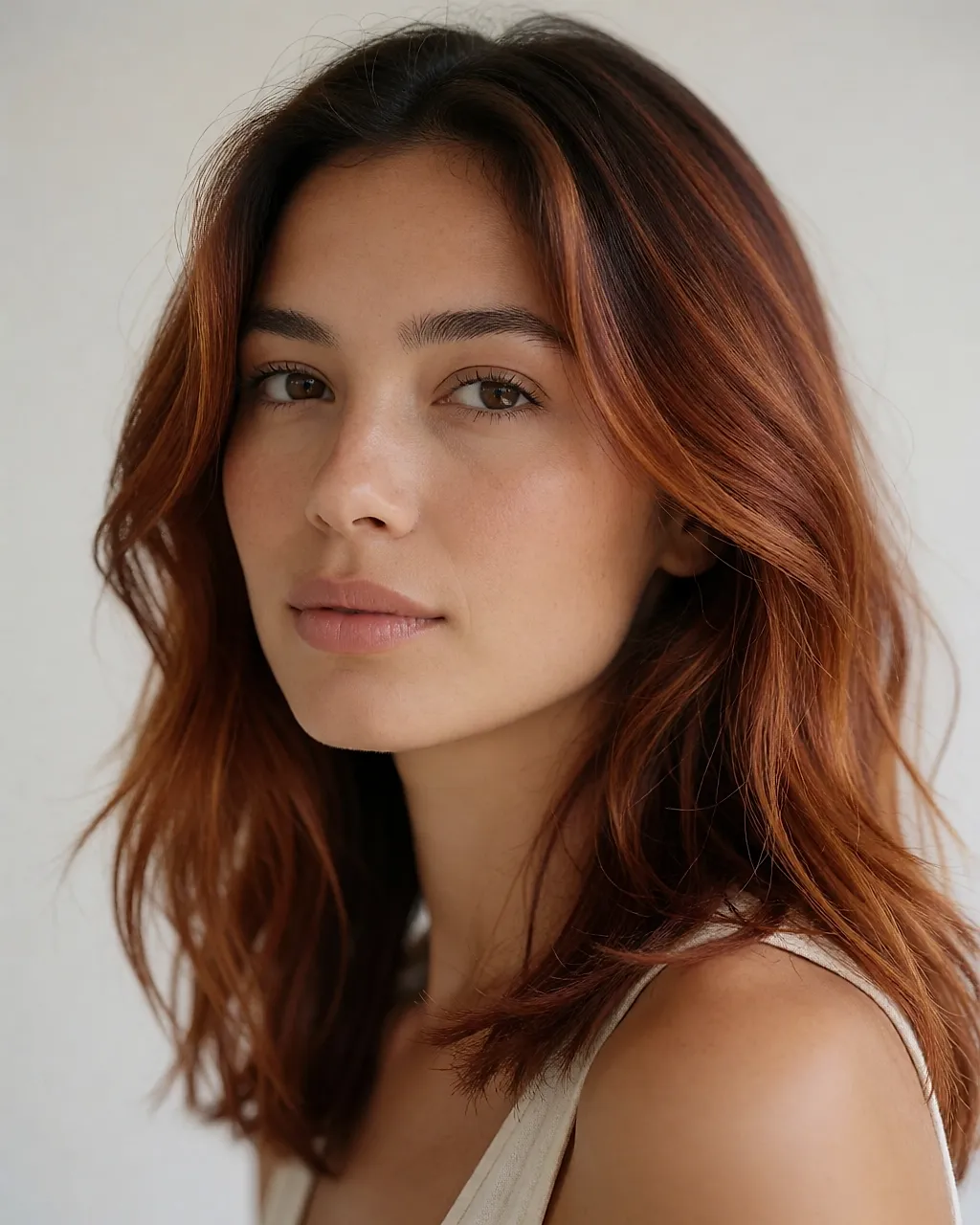 Cabello castaño con reflejos caoba sobre piel de subtono cálido, retrato de tres cuartos