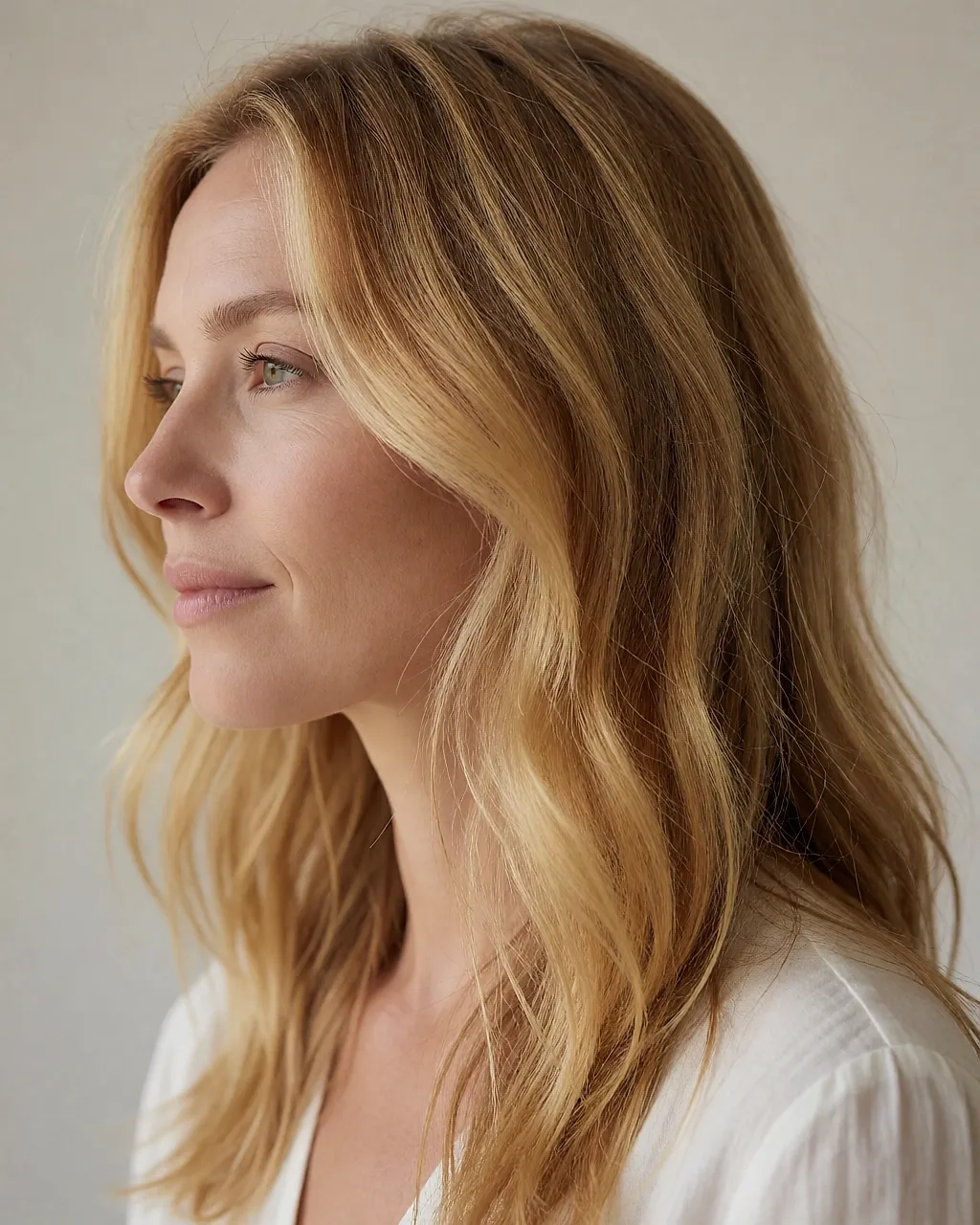 Cabello rubio dorado como el trigo, efecto natural conseguido con mechas