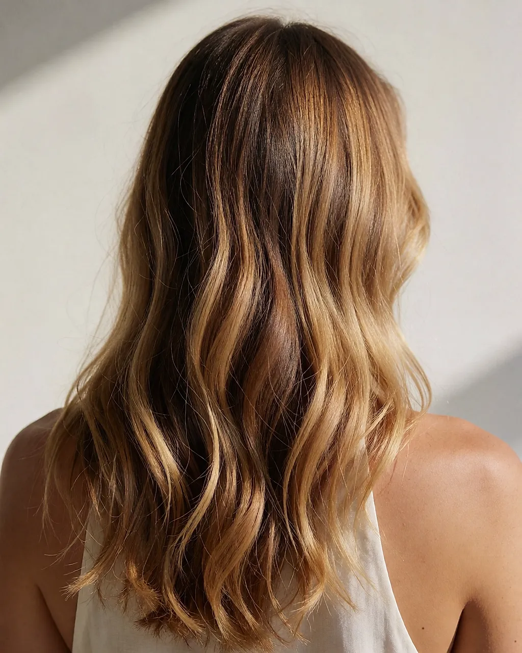 Balayage rubio miel patinado fundido sobre una base morena natural, vista de espalda