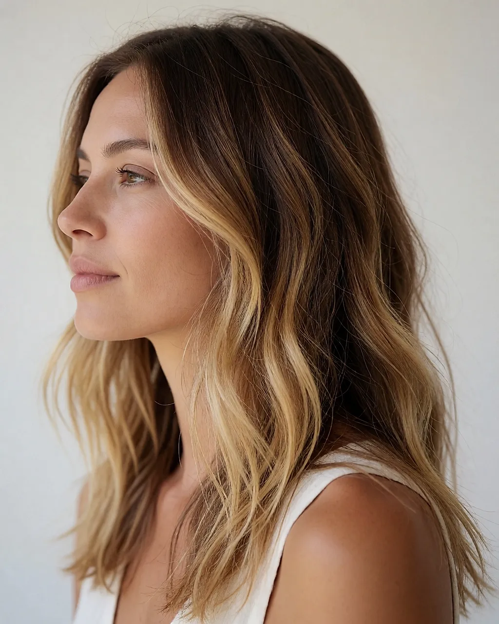 Cabello caramelo realzado con mechas rubias durante una transición progresiva
