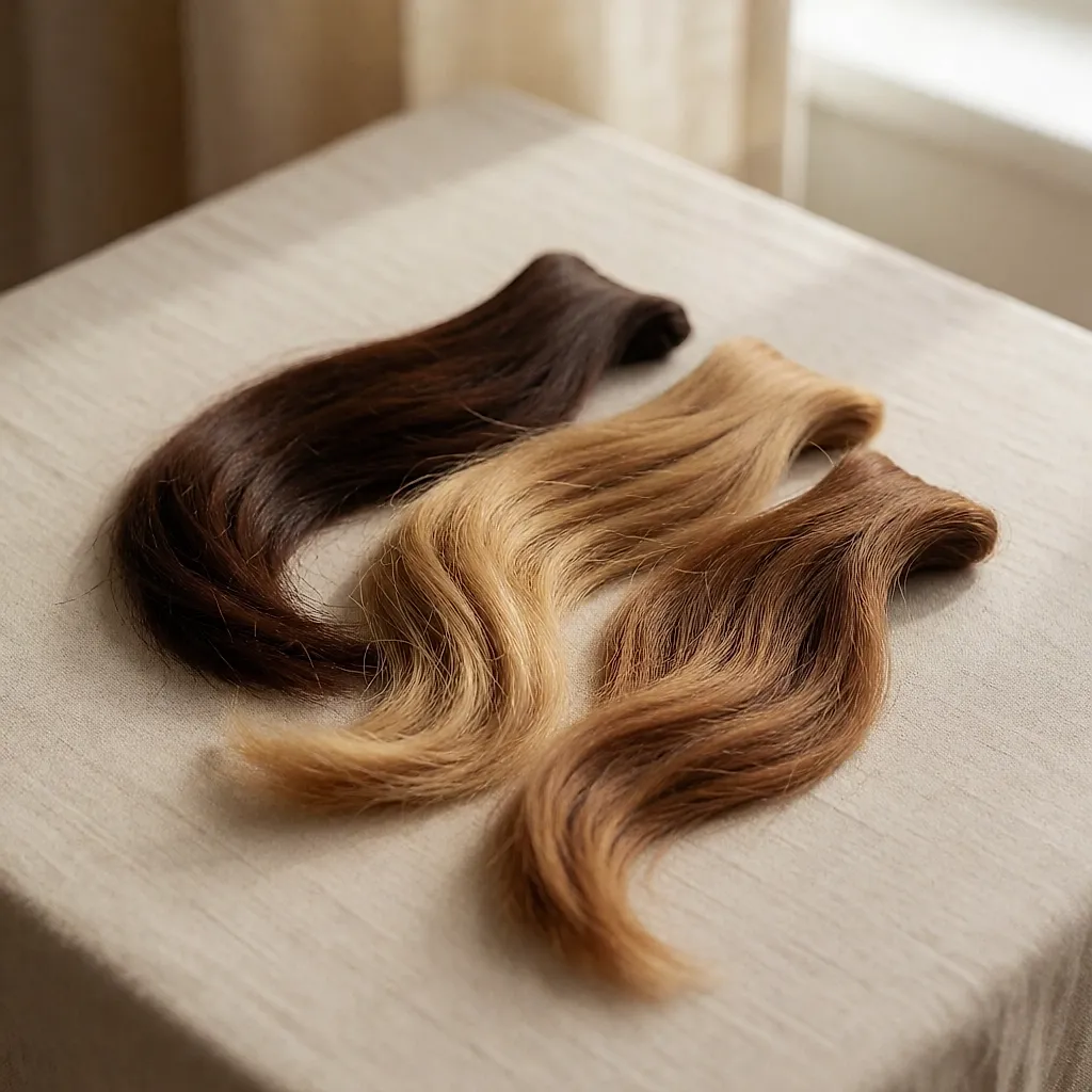Trois mèches de cheveux brun, caramel et blond miel sur un lin beige