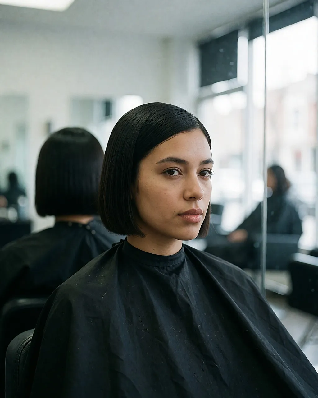 Carré mouillé coiffé au gel, raie marquée, jeune femme assise dans un salon de coiffure