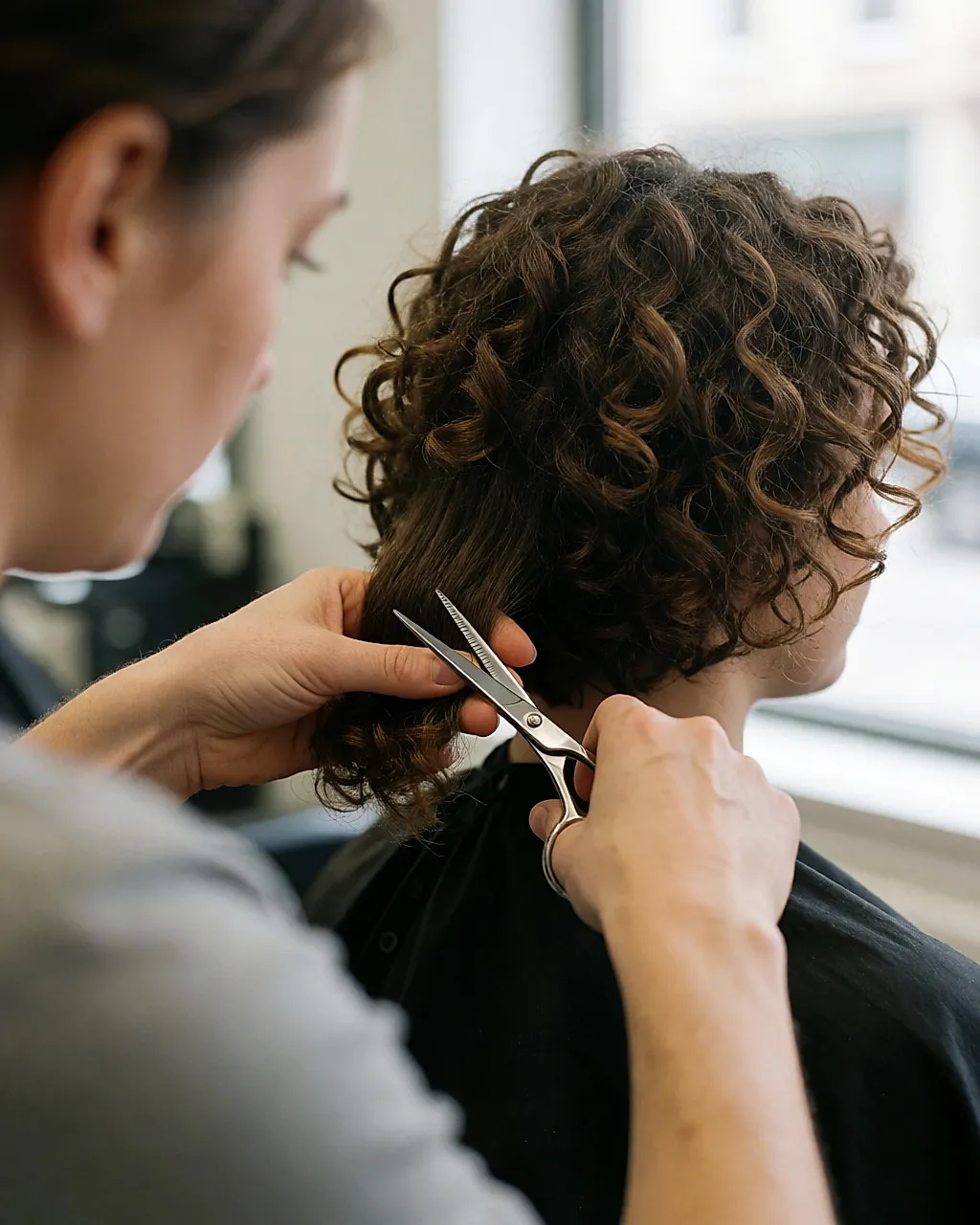 Coiffeuse coupant à sec, boucle par boucle, un carré bouclé dans un salon de coiffure