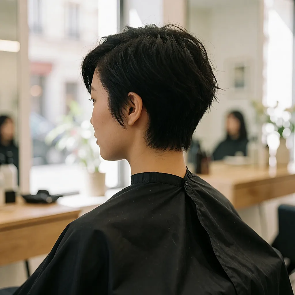 Coupe courte façon pixie avec mèches sur le côté, vue de dos en salon