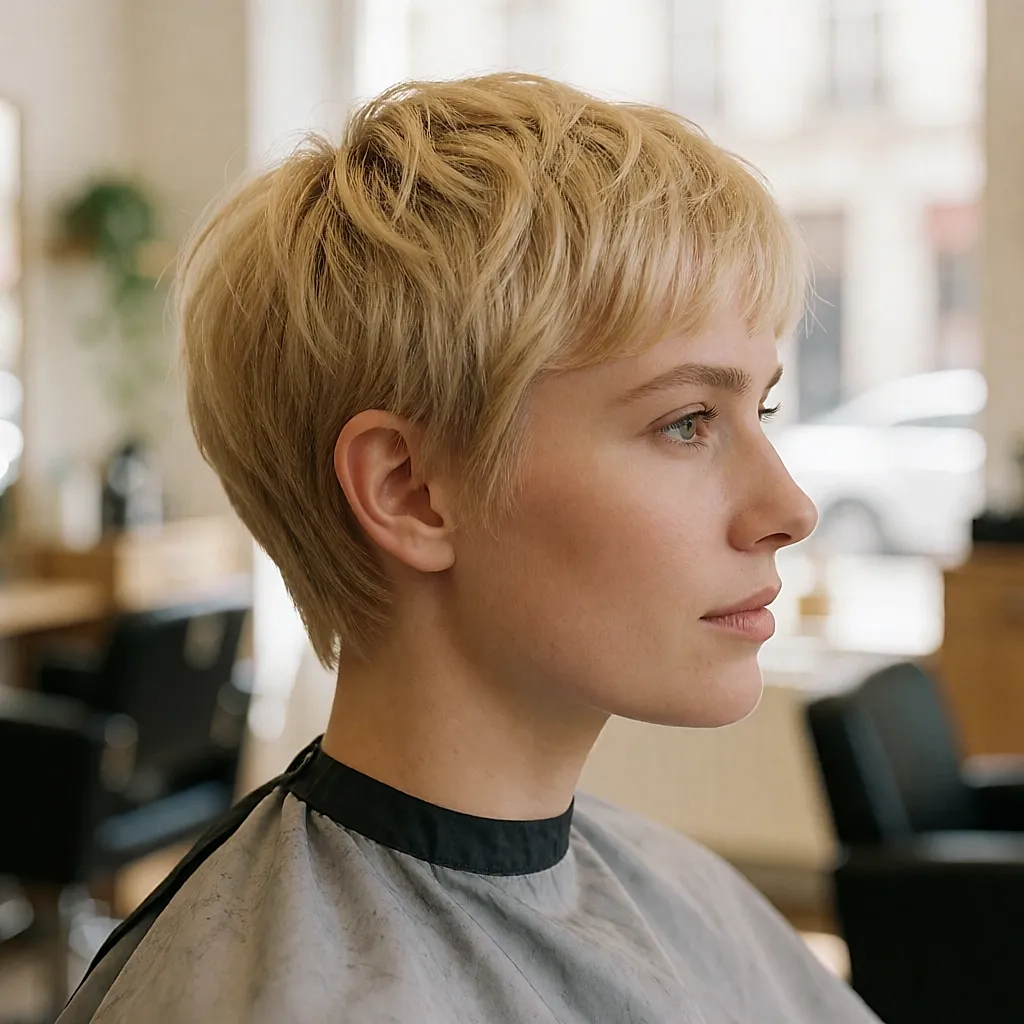 Coupe très courte à nuque courte, mèche frontale et blond or