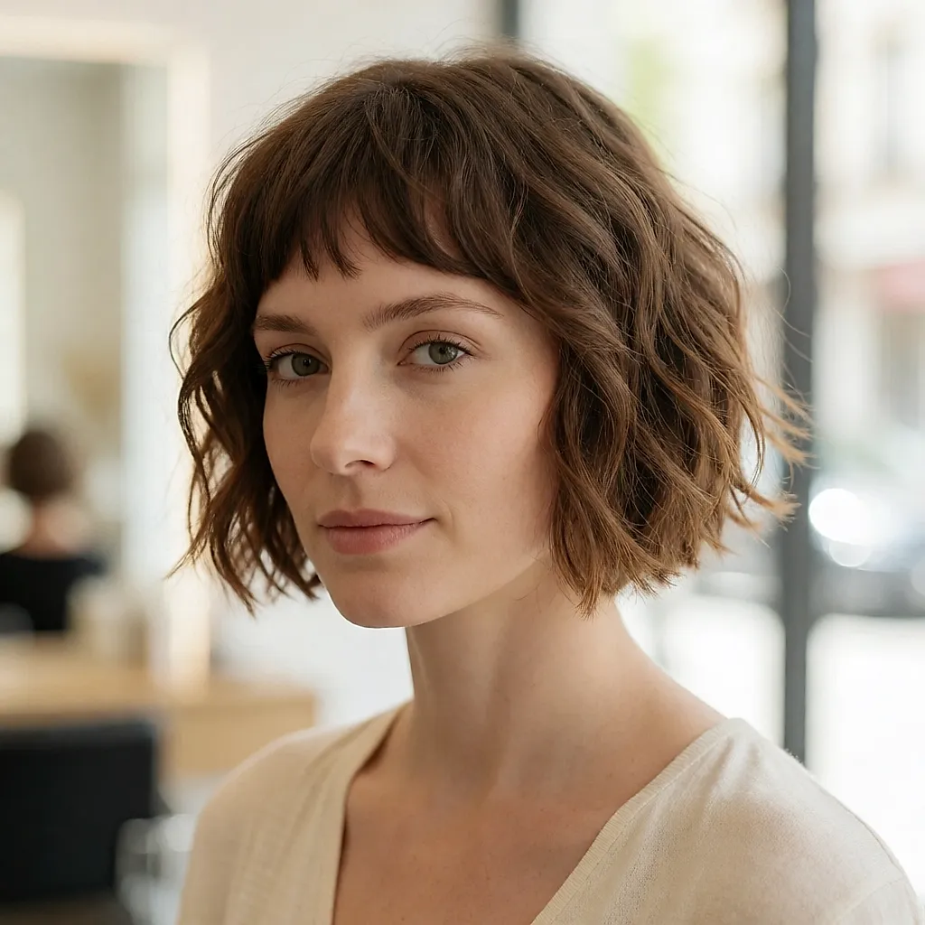 Mini carré ondulé, mèches et petite frange sur les sourcils