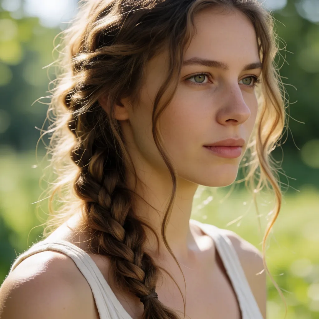 Joven de piel clara con una trenza bohemia suelta sobre el pelo ondulado