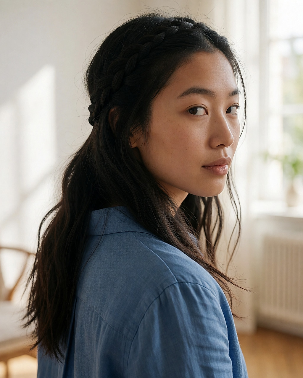 Tresse portée en serre-tête sur cheveux longs décoiffés, vue de trois-quarts arrière