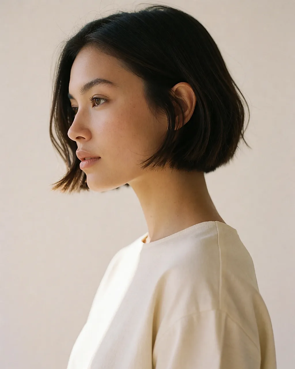Short, undone bob cut close to the chin, seen in profile