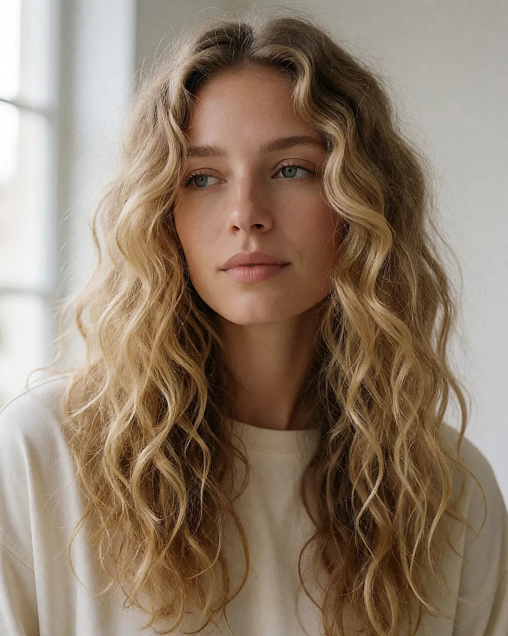 Long, dense blonde waves with a centre parting