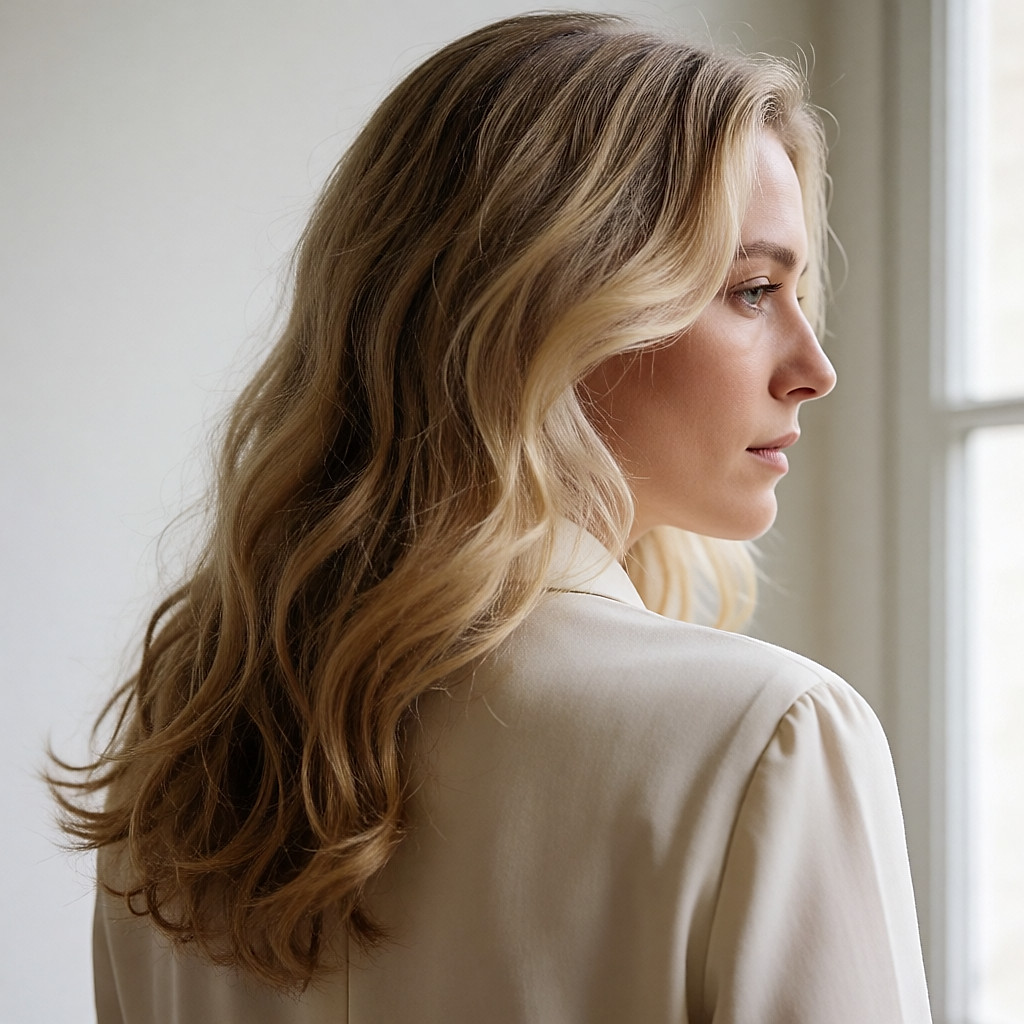 Long honey-to-platinum blonde hair with movement, seen from behind
