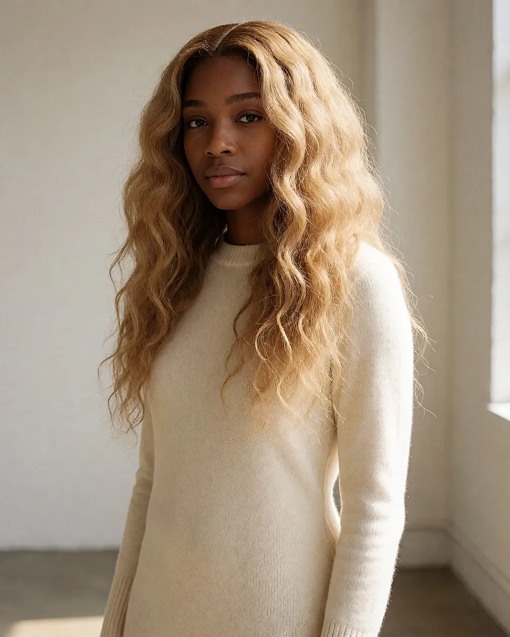 Long, dense blonde waves on textured hair, with a centre parting