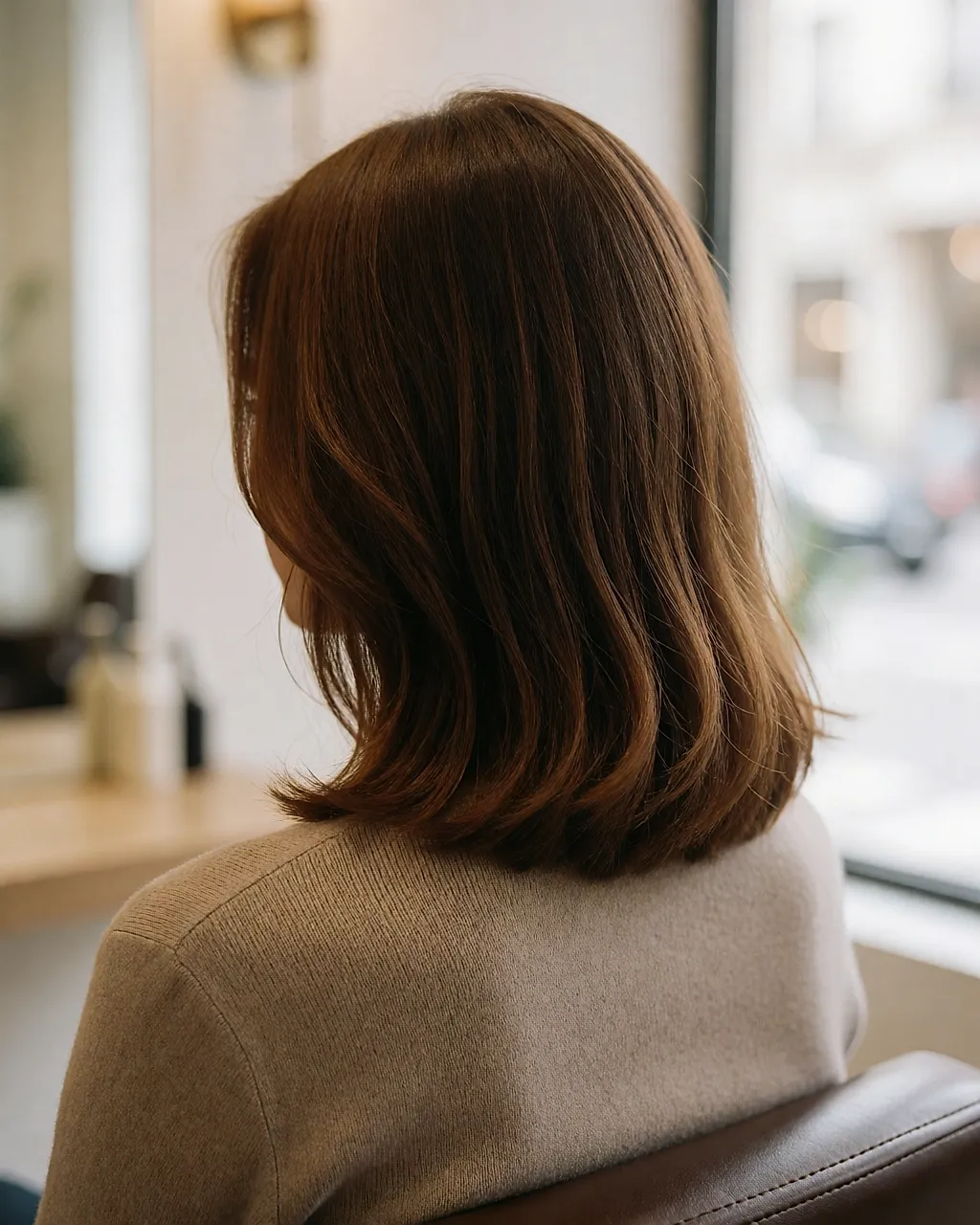 Glossy shoulder-length hair seen from behind in a salon