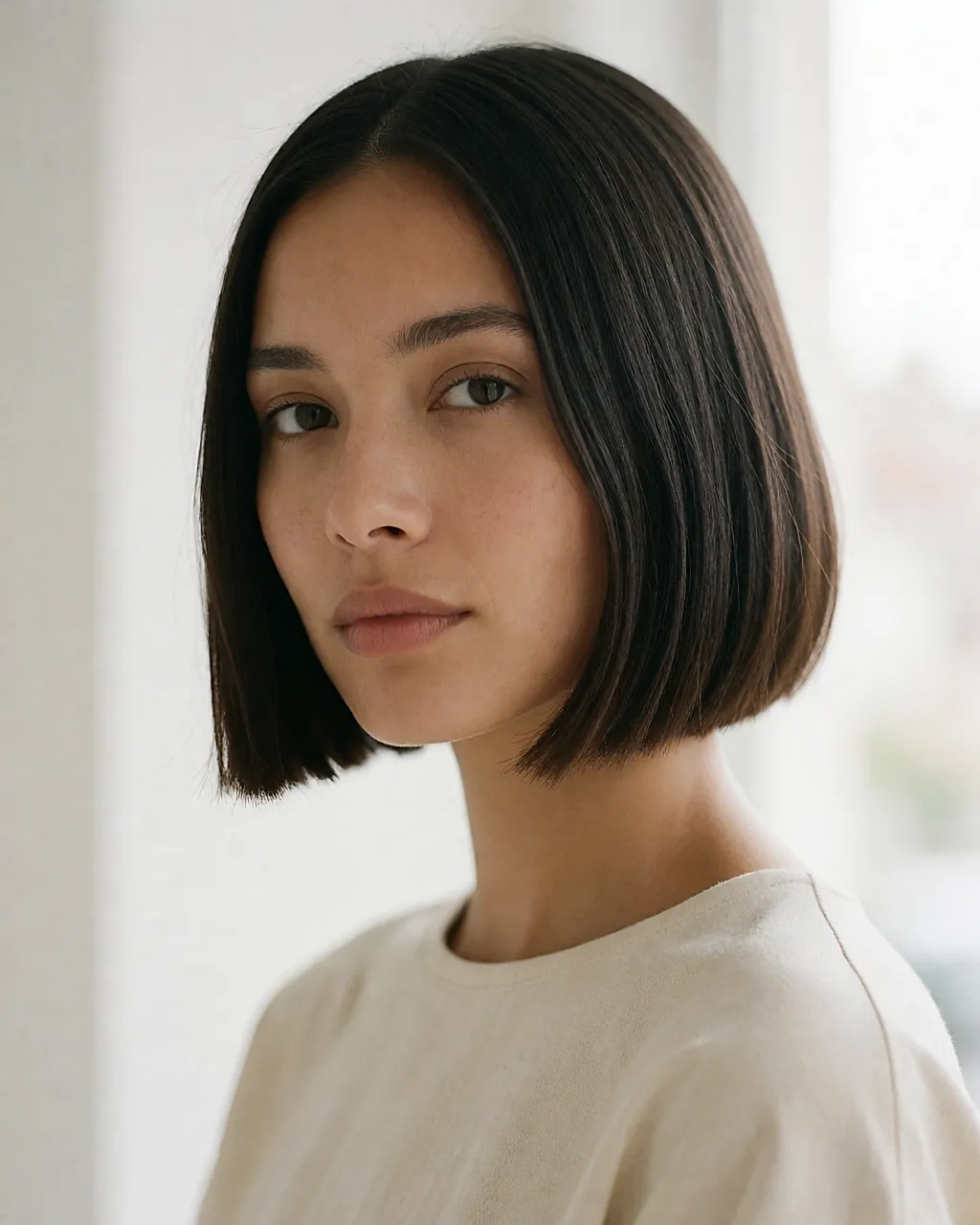 Sleek jaw-length bob with a centre parting, seen from the front