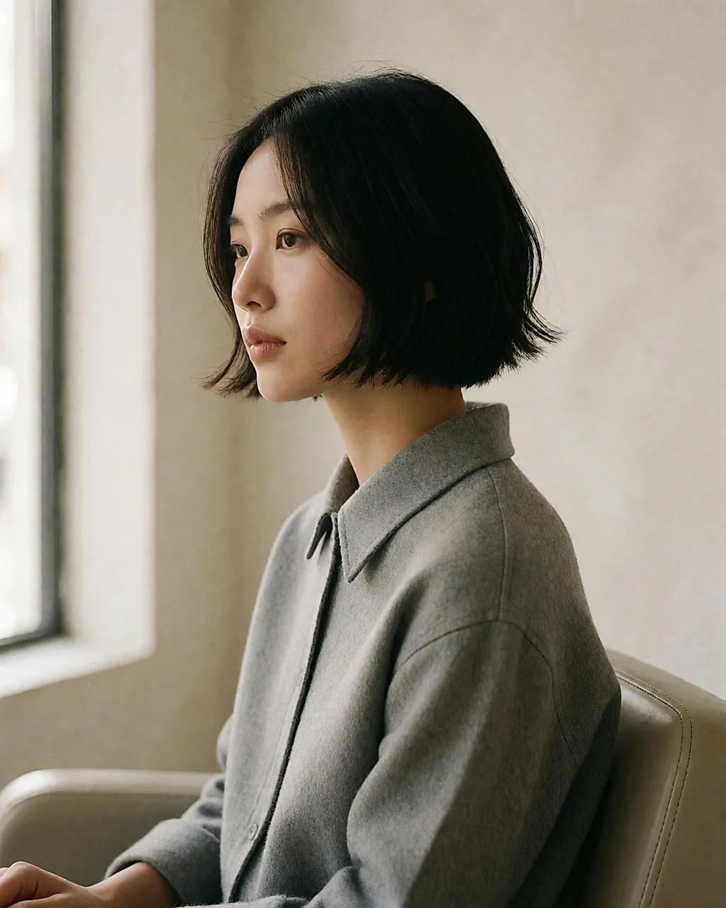 Vue de trois-quarts arrière d'une jeune femme asiatique au carré net coupé au niveau de la mâchoire