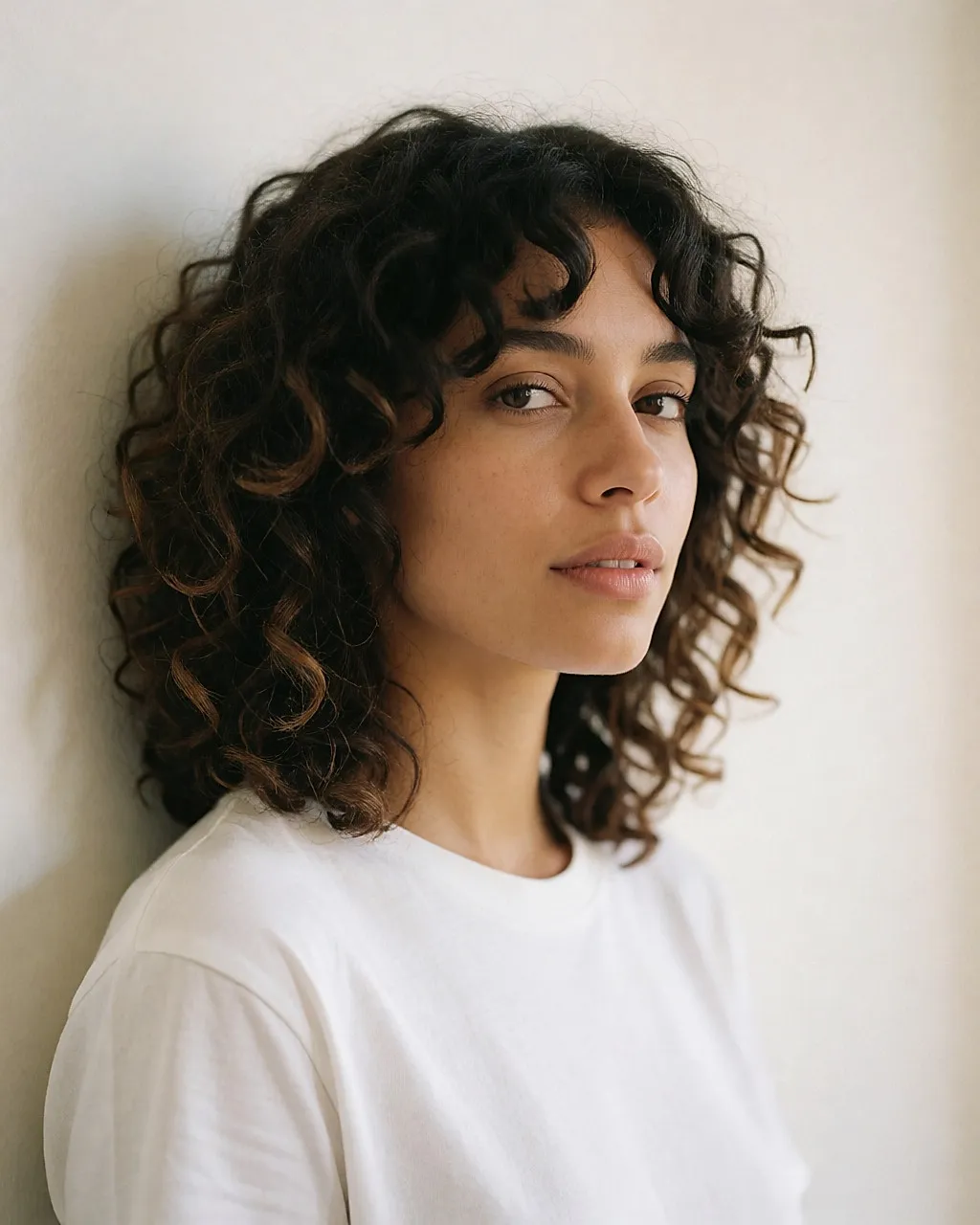 Frange rideau ouverte au milieu sur cheveux bouclés, vue de trois-quarts d'une jeune femme métissée