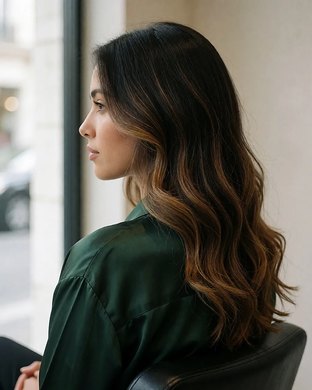 Cheveux longs brun foncé au balayage miel fondu, vue de dos dans un salon lumineux