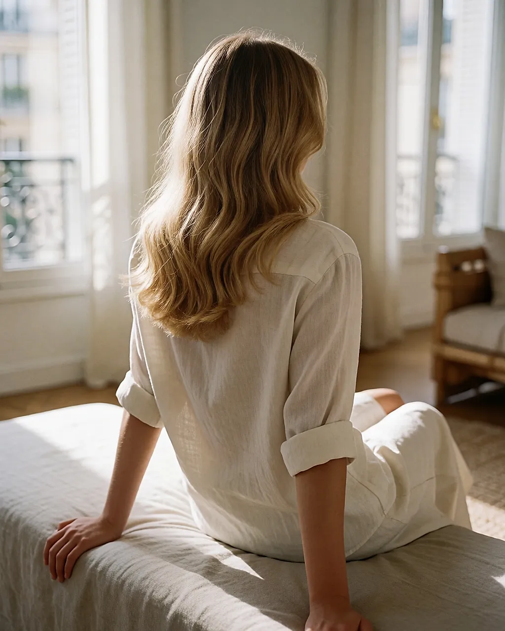 Blond miel fondu en ondulations, sans racine marquée, dans un intérieur clair