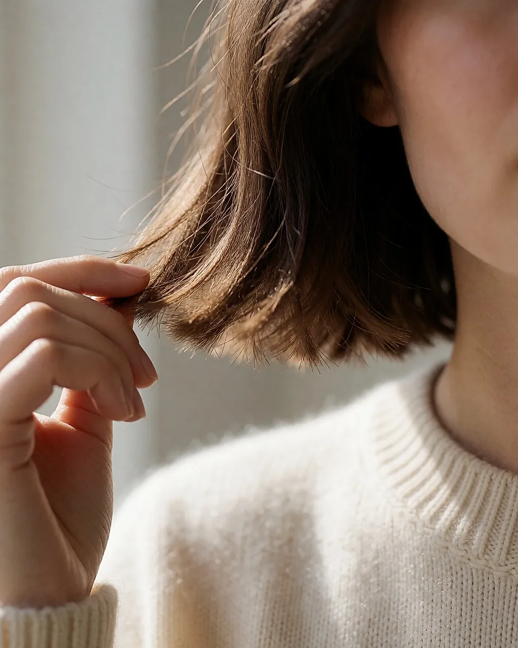 Détail des pointes légèrement dégradées d'un carré posé sur une épaule en maille