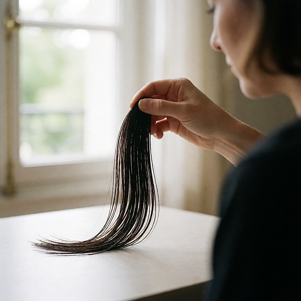 Ciseaux de coiffeur coupant une mèche avant de frange rideau tenue entre deux doigts