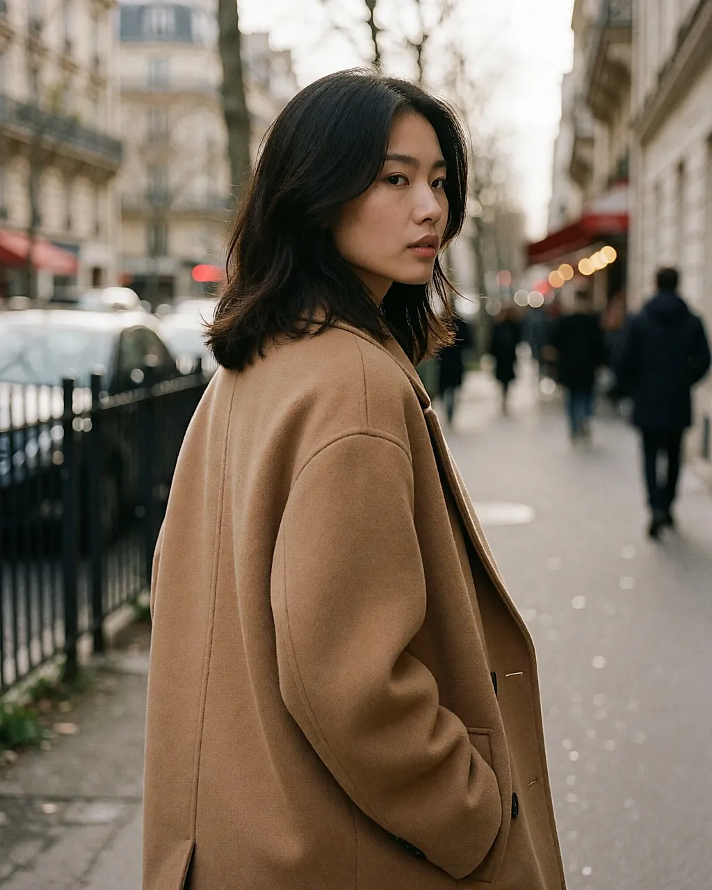 Lob mi-long dégradé porté dans la rue avec un manteau camel