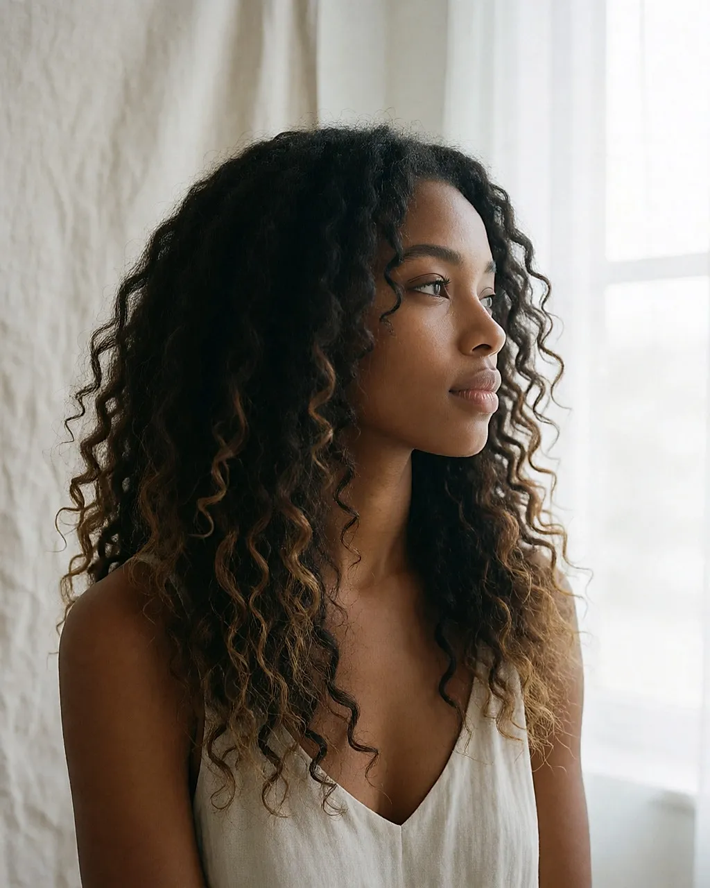 Mujer negra con el pelo largo rizado y degradado, vista de tres cuartos de espaldas en un vestidor luminoso