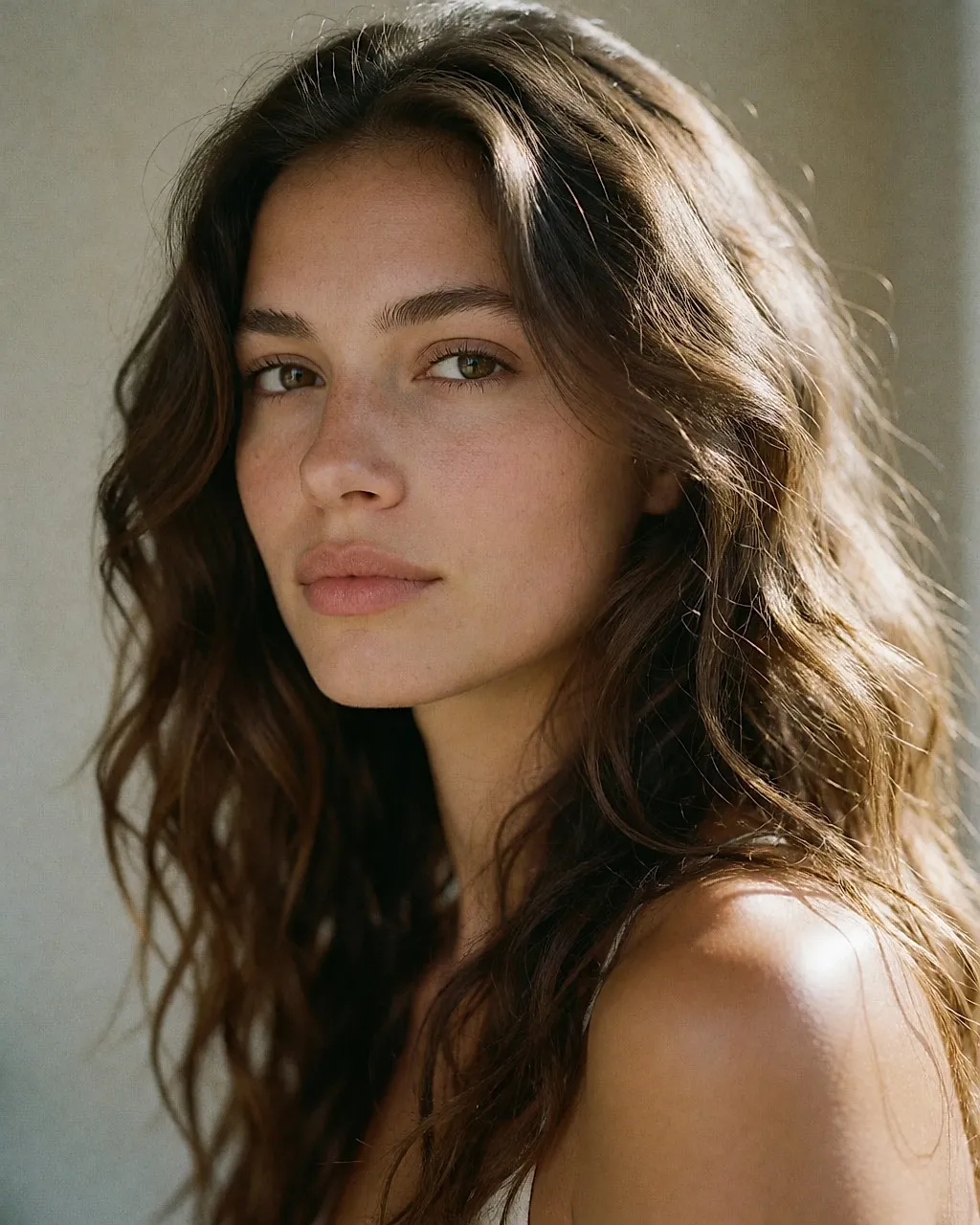 Mujer joven con el pelo castaño largo y ondulado, y mechones finos que iluminan alrededor del rostro