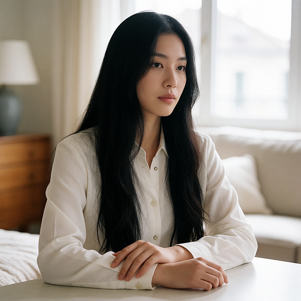 Mujer joven con el pelo negro largo cortado a ras en versión casco