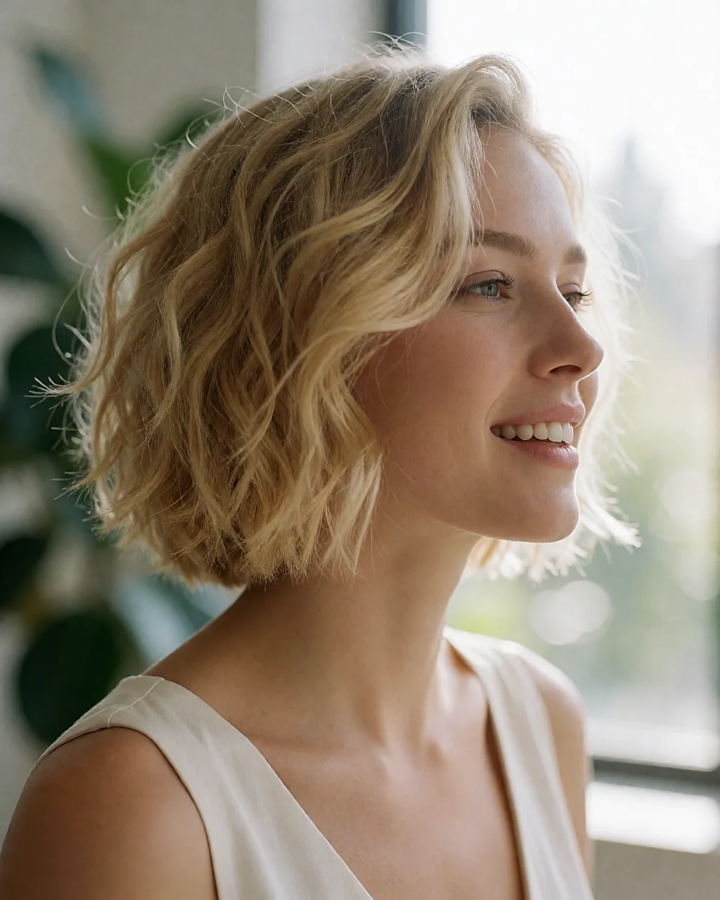 Corte corto despeinado y vaporeoso, con ondulaciones ligeras y movimiento