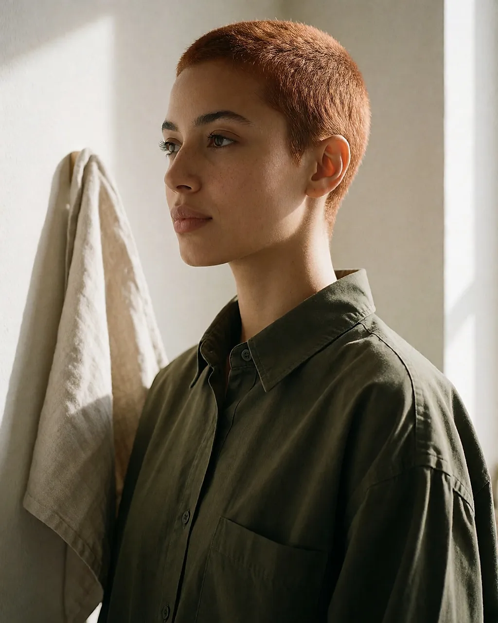 Perfil de uma jovem com corte muito curto, mini franja desfiada e cor acobreada vibrante