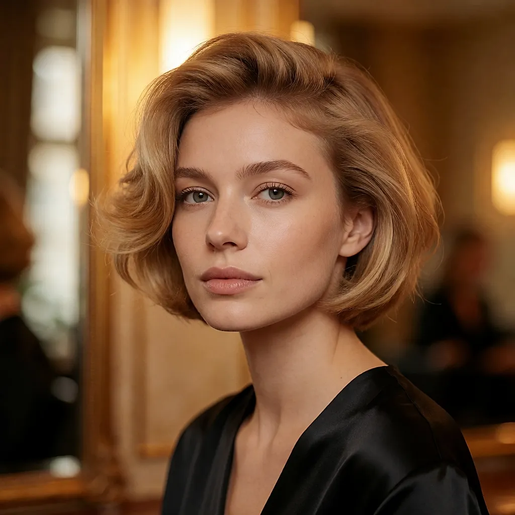 Carré mi-long volumineux coiffé sur le côté, touche glamour