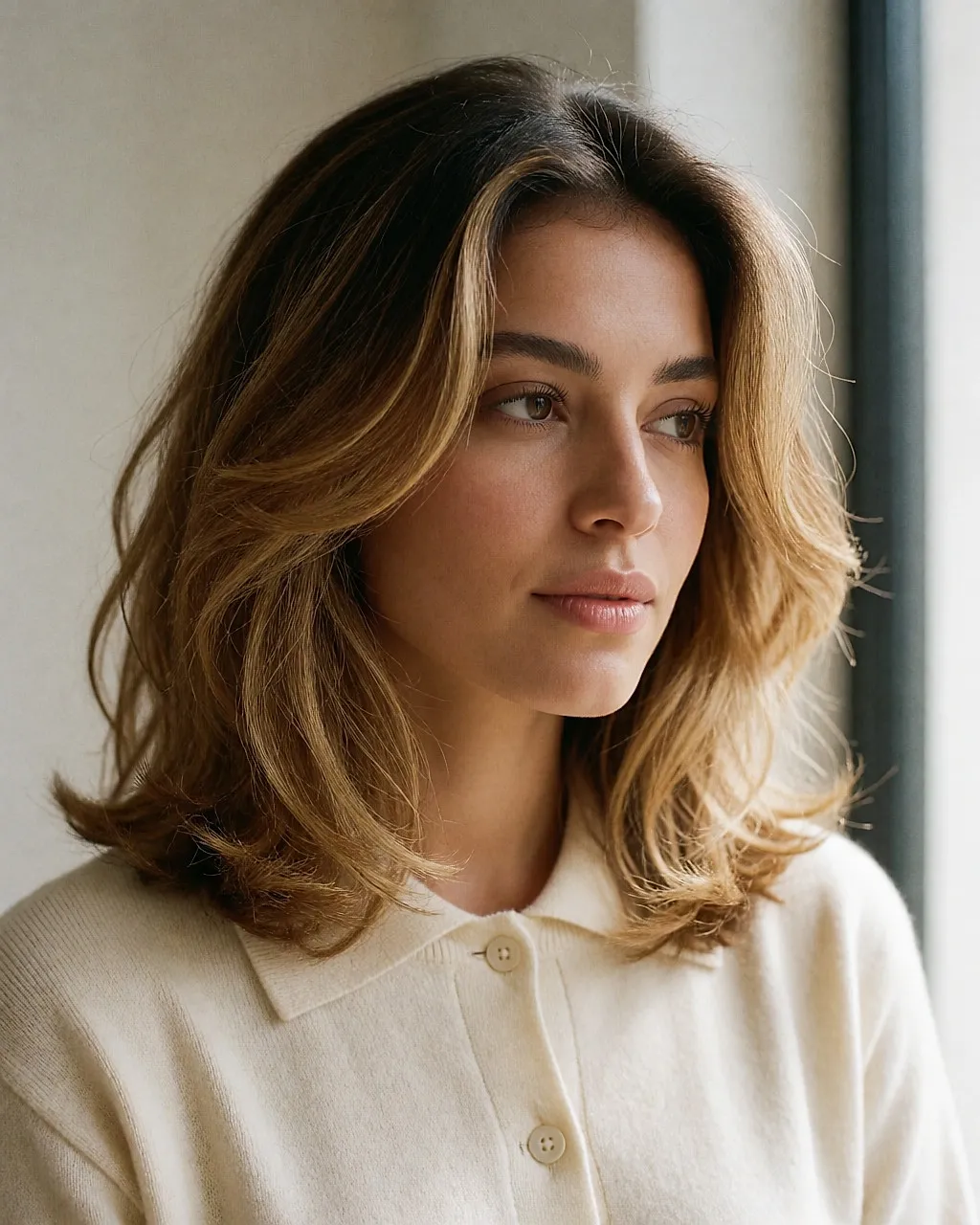 Femme aux cheveux mi-longs gonflés et balayage miel, mèches encadrant le visage