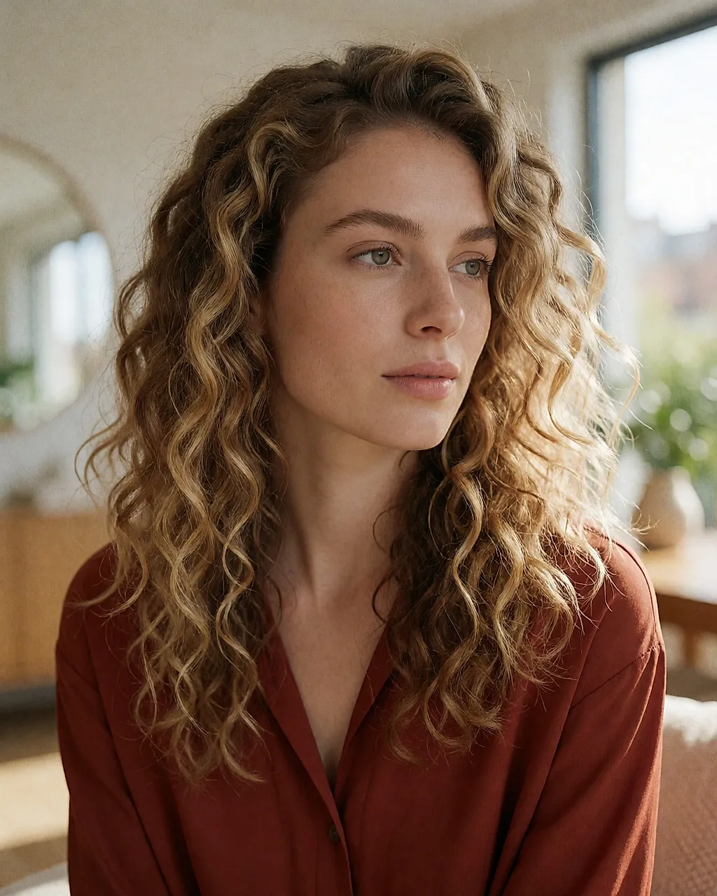 Jeune femme aux longs cheveux bouclés blonds dégradés, lumière chaude d’intérieur