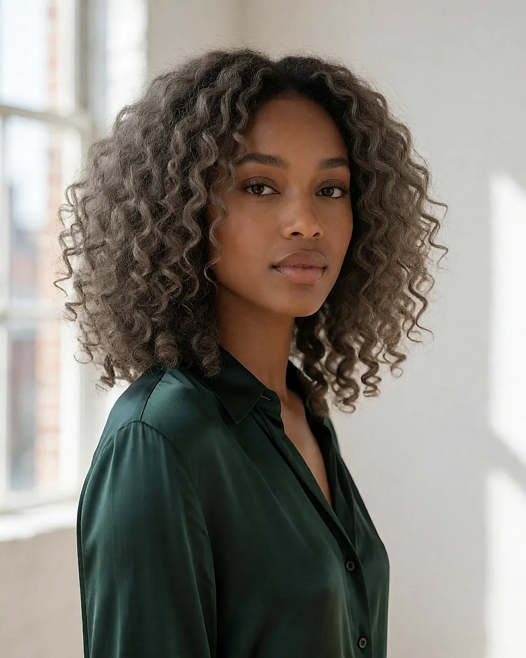 Boucles détendues et glacées d’un mi-long lustré, cheveux libres