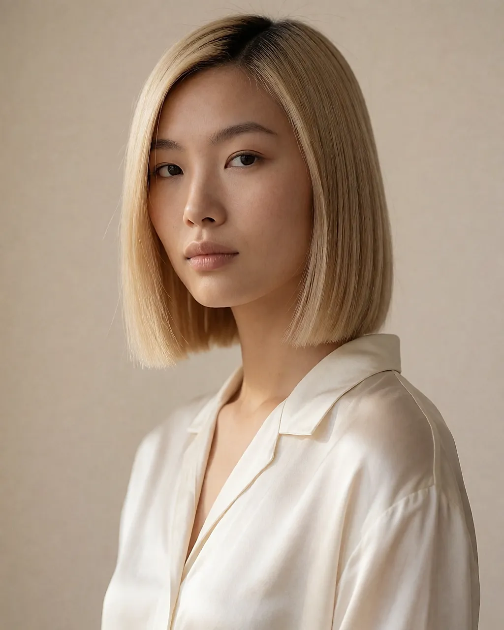 Carré boule blond lissé aux racines fondues dans des extensions claires