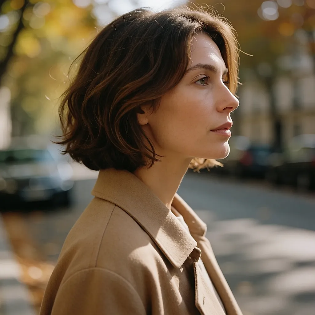 Carré lisse et brillant porté plaqué, vu de profil dans la rue en automne