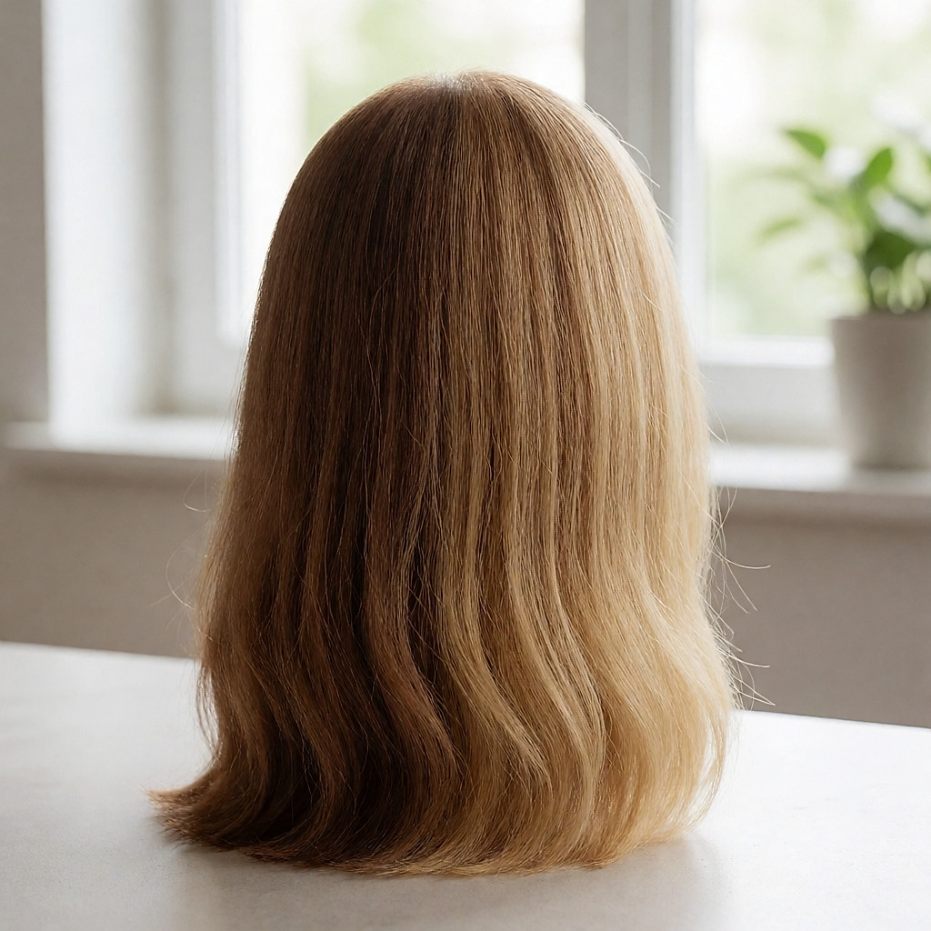 Nuancier de mèches déployé sur un comptoir de salon, du châtain au blond