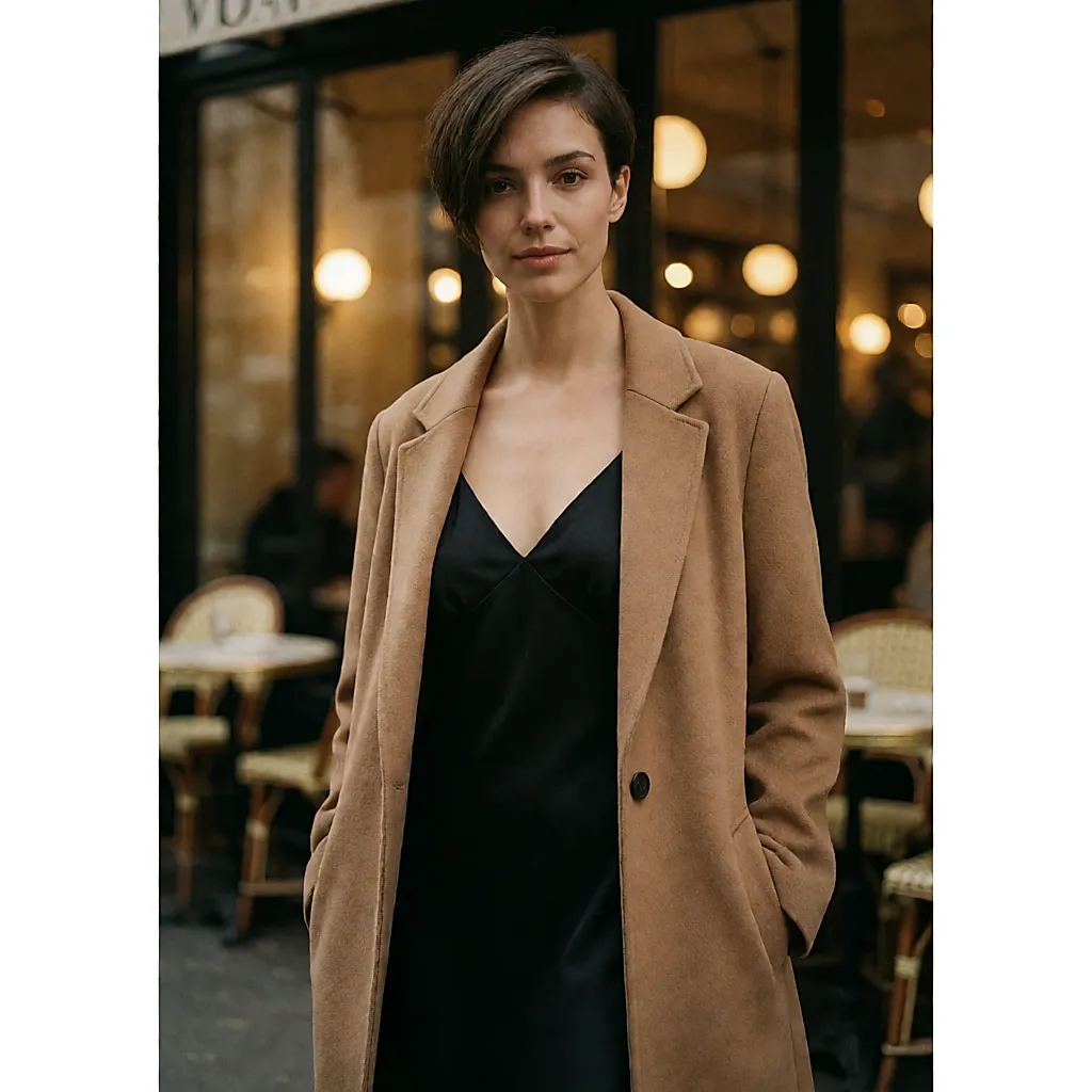 Une coupe très courte portée avec une robe fluide et un long manteau, le soir