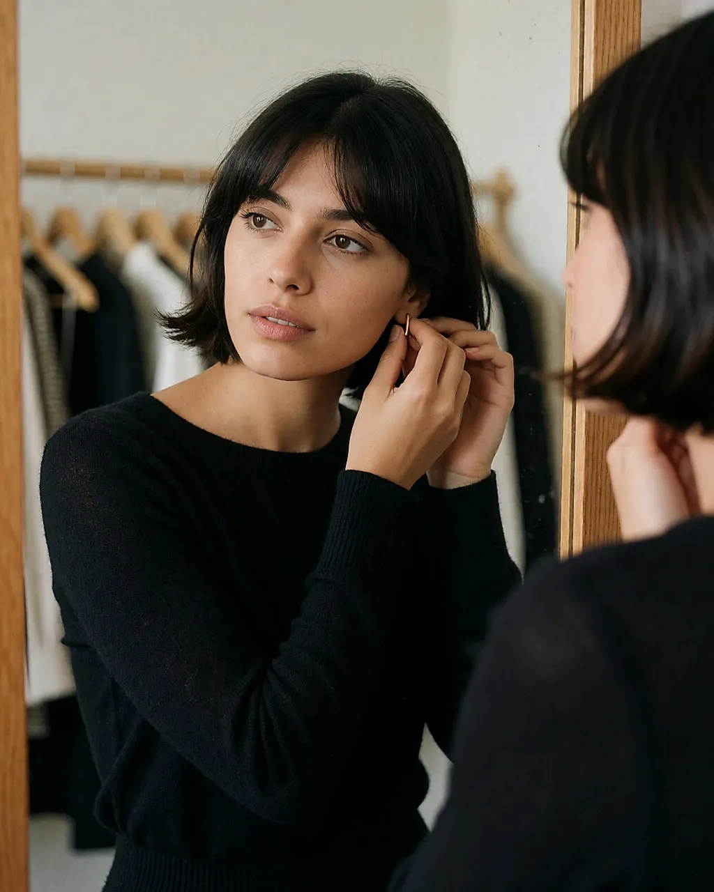 Jeune femme au carré coupé au niveau de la mâchoire et frange rideau, devant un miroir