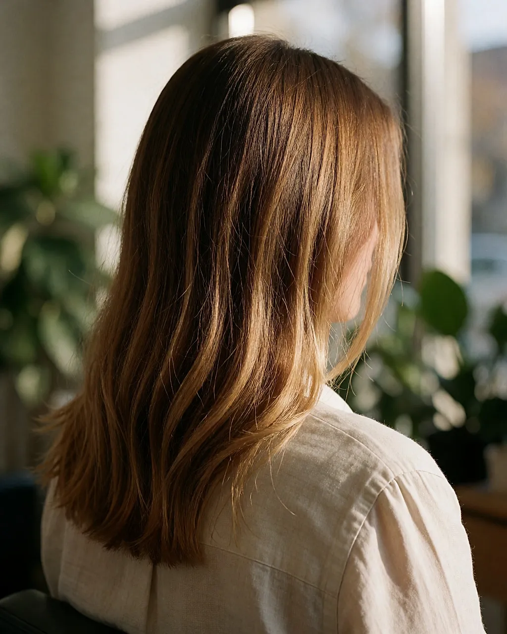 Cheveux châtains vus de dos, balayage blond miel très fin révélé par la lumière