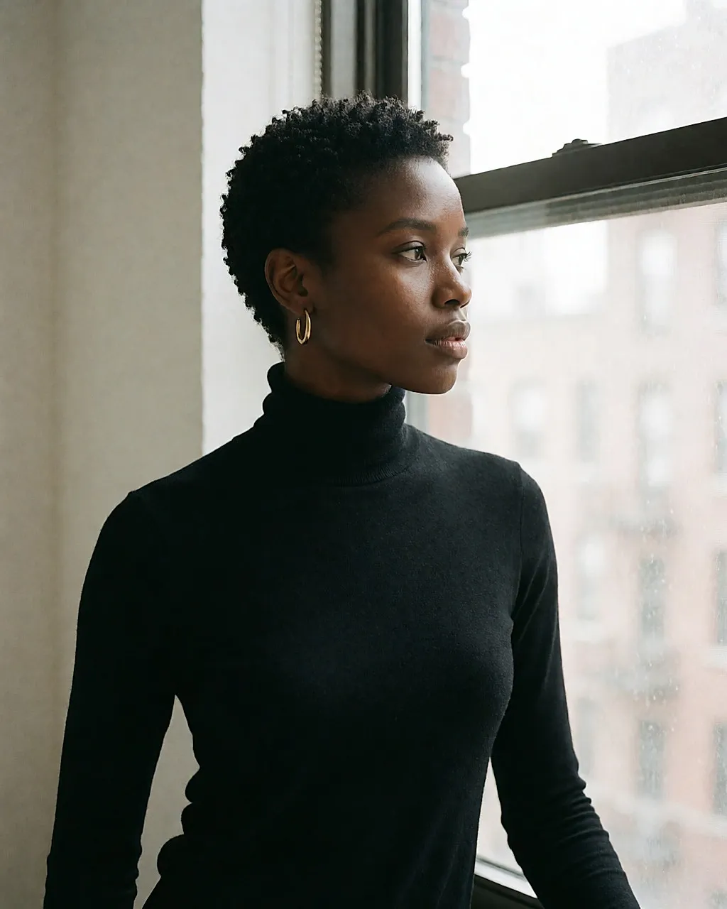 Jeune femme noire au pixie très court, nuque dégradée, vue de trois quarts