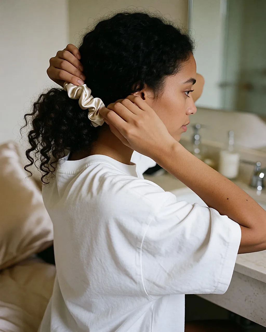 Jeune femme nouant un chignon bas avec un chouchou en satin, vue de trois quarts arrière