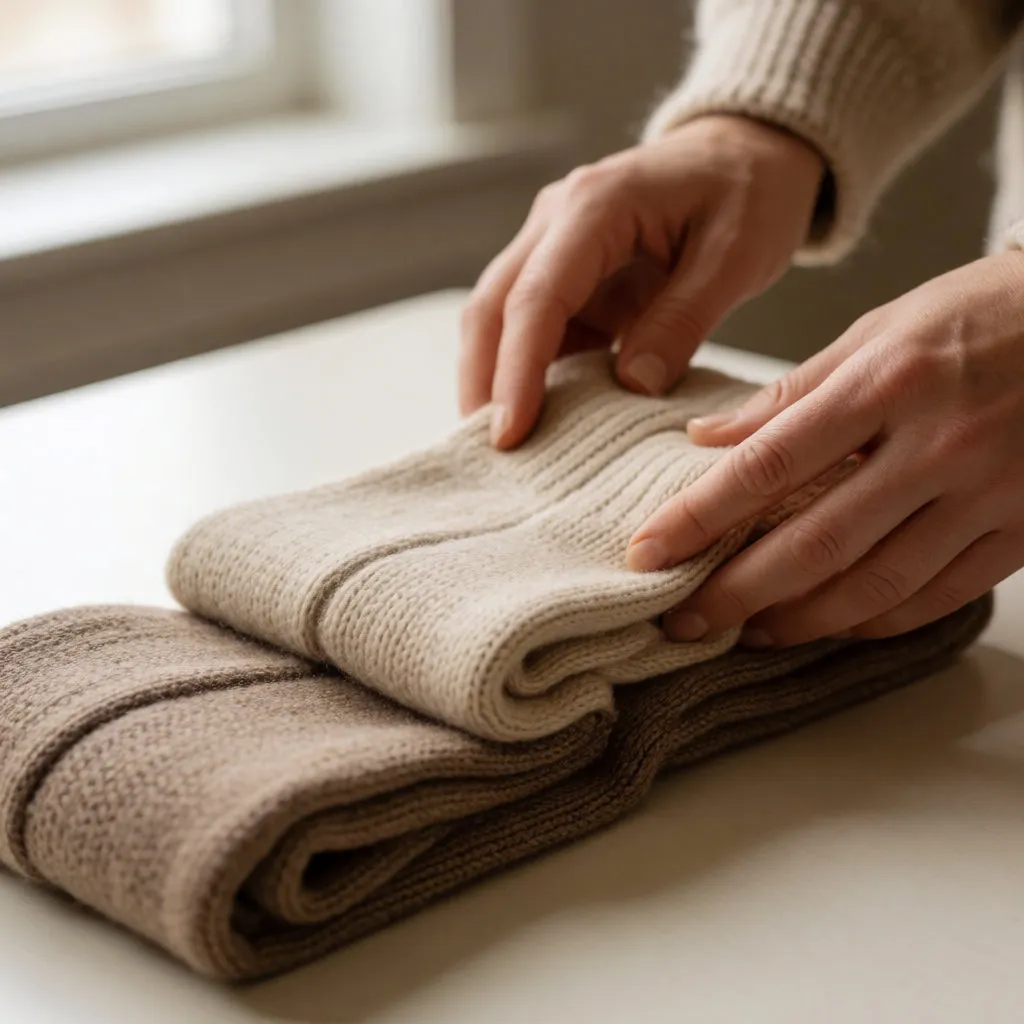 Mãos a tocar em collants de inverno grossos de malha, dobrados sobre uma mesa à luz natural